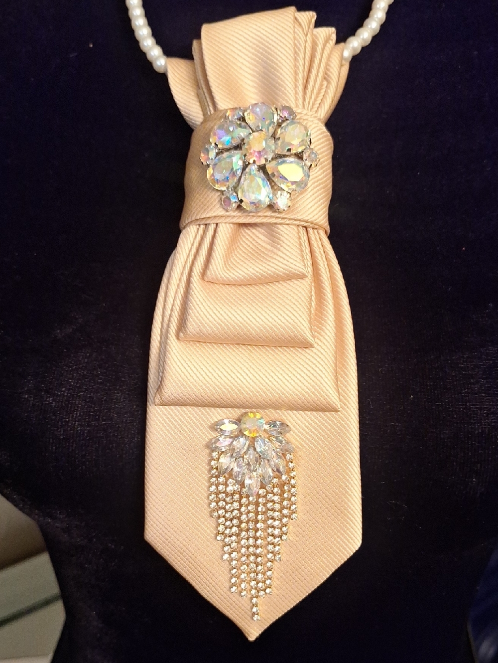 Champagne Satin Necktie Necklace with Crystal Accent
